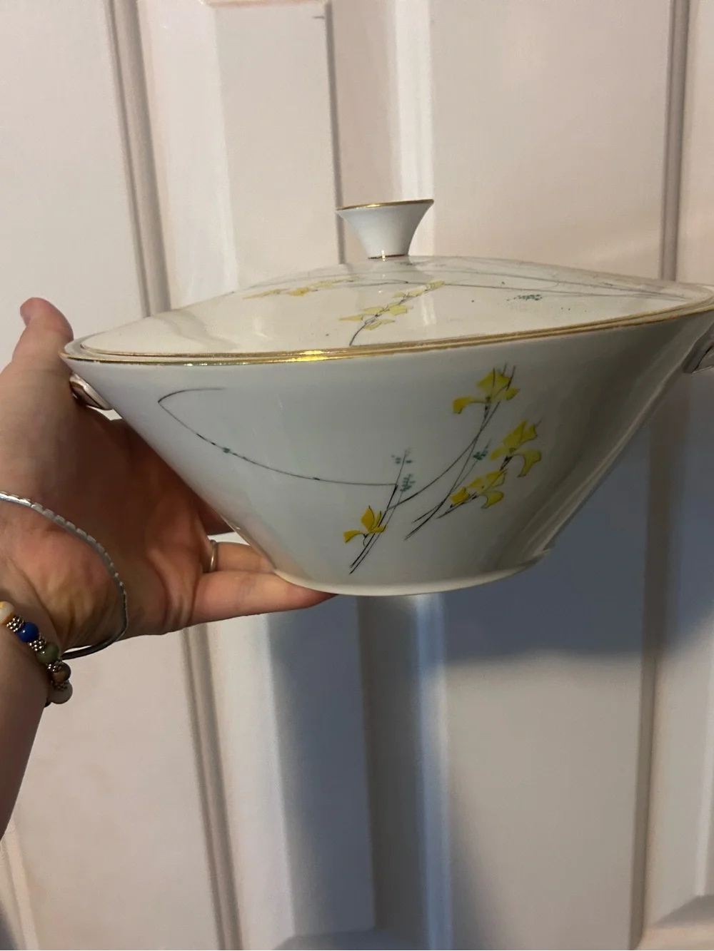 Porcelain Lidded Serving Bowl with Gold Trim and Yellow Floral Motif